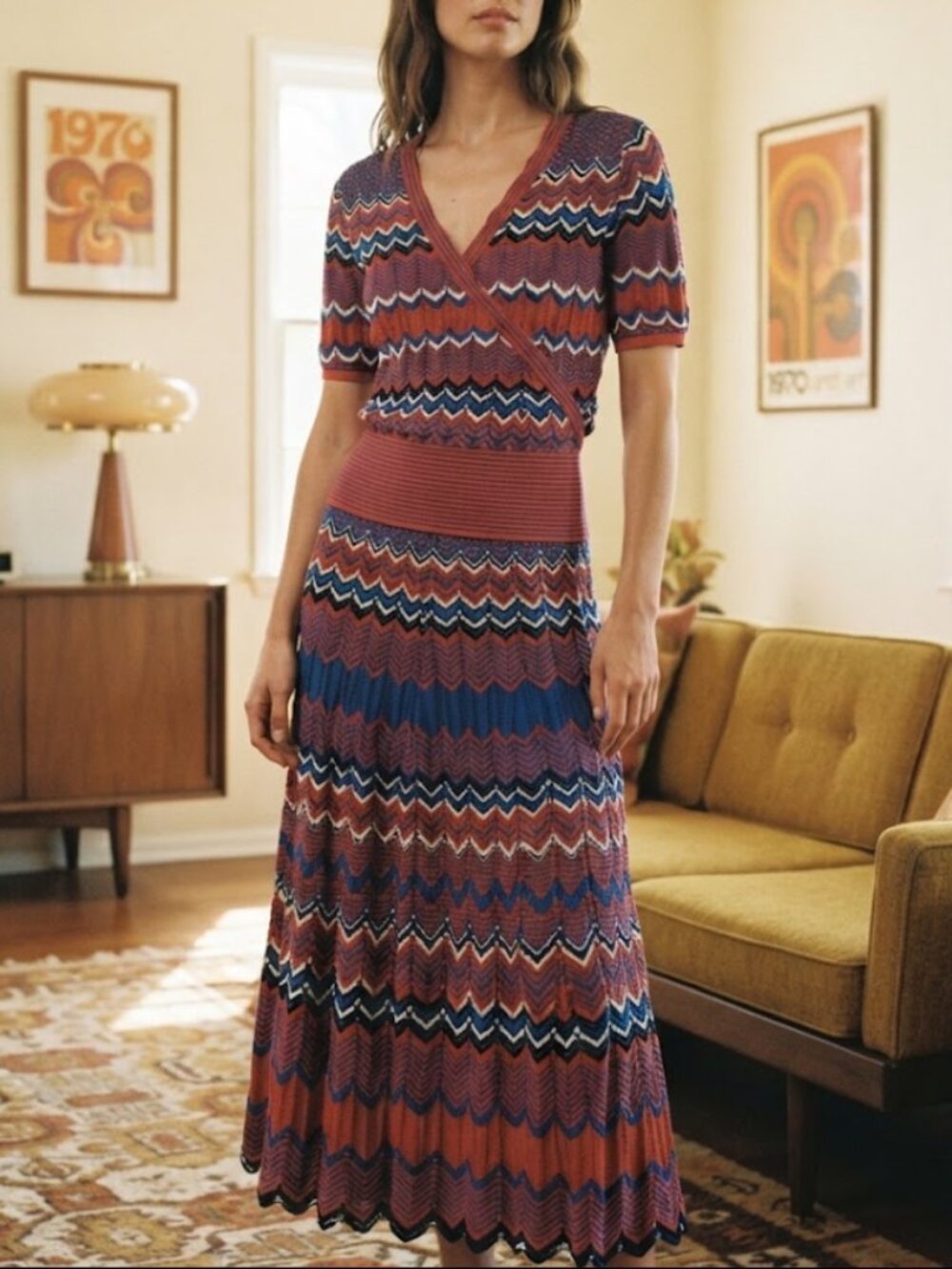Vibrant Zigzag Knit Set – Top & Skirt (XS–S)